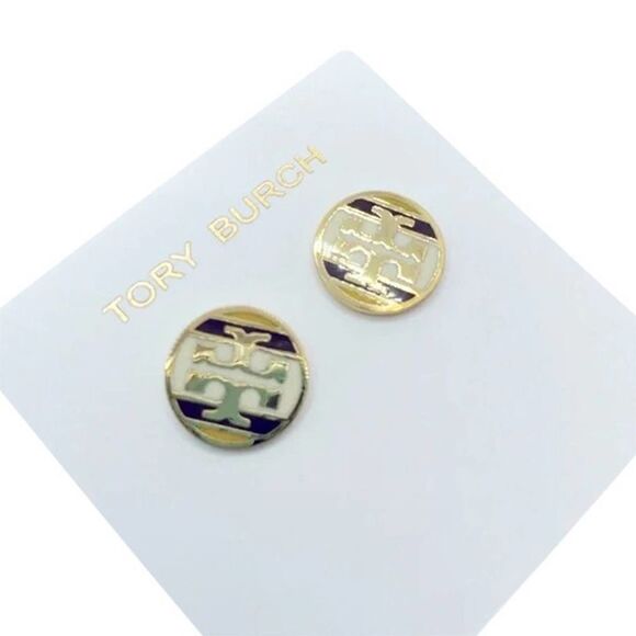 NWOT Tory Burch Gold Logo, Black & White Enamel Round Stud Earrings - Picture 3 of 5